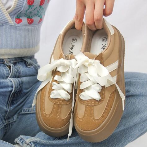 Essen Brown Platform Sneakers Gingham Shoes, Closet Vision Board, Ribbon Shoe Laces, Brown Trainers, Satin Shoes, Fall Fit, Old Money Outfits, Adidas Sneakers Women, Womens Summer Shoes