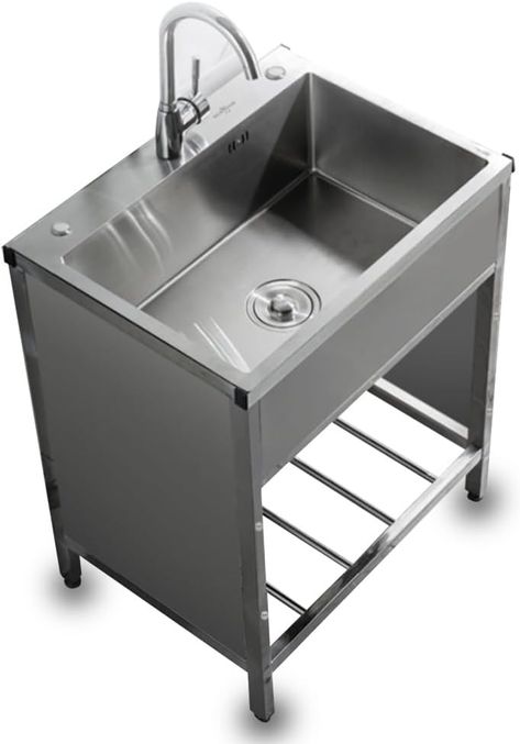 Aigoss Free Standing Commercial Kitchen Sink, Single Bowl Stainless Steel Utility Sink with Faucet ＆ Storage Shelves, for Restaurant, Kitchen, Garage, 5 Sizes (Size : L22 xW18 xH29) : Amazon.ca: Tools & Home Improvement Garage Sink, Commercial Kitchen Sink, Stainless Steel Utility Sink, Commercial Kitchen Design, Garden Workshop, Metal Sink, Commercial Sink, Laundry Room Sink, Kitchen Garage