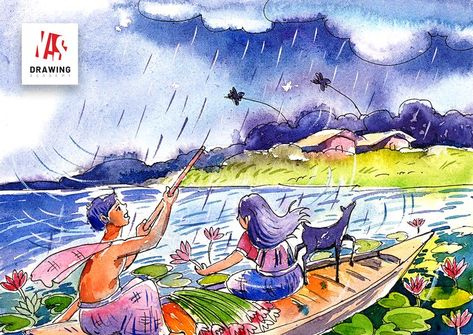 Easy Watercolor Drawing, Rainy Season Scenery, Rainy Season Drawing, Rainy Day Drawing, Village Scene Drawing, Watercolor Easy, Watercolor Indian, Village Drawing, Easy Girl