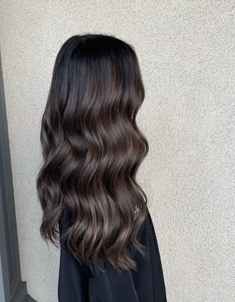 Asian Hair Cool Tone Highlights, Dyed Hair On Indian Skin, Dark Brown Hair Without Highlights, Dark Chocolate Brown Hair With Light Brown Highlights, Subtle Balayage Asian Hair, Dark Cool Balayage, Cool Chocolate Brown Hair Balayage, Cool Toned Hair Color Brunettes, Dark Brown Bridal Hair