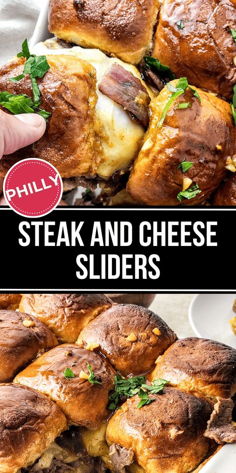 Steak and Cheese Sliders are a bite-sized take on a beloved classic, the Philly cheesesteak. Glazed ribeye steak, crispy fried onions, and sweet Hawaiian rolls make these mini steakburgers an irresistible appetizer you just can't pass up. Steak And Cheese Sliders, Shaved Steak Recipe, Philly Cheesesteak Sliders Recipe, Steak Sliders, Sweet Hawaiian Rolls, Steak And Cheese, Crispy Fried Onions, Cheesesteak Sliders, Philly Cheese Steak Sliders