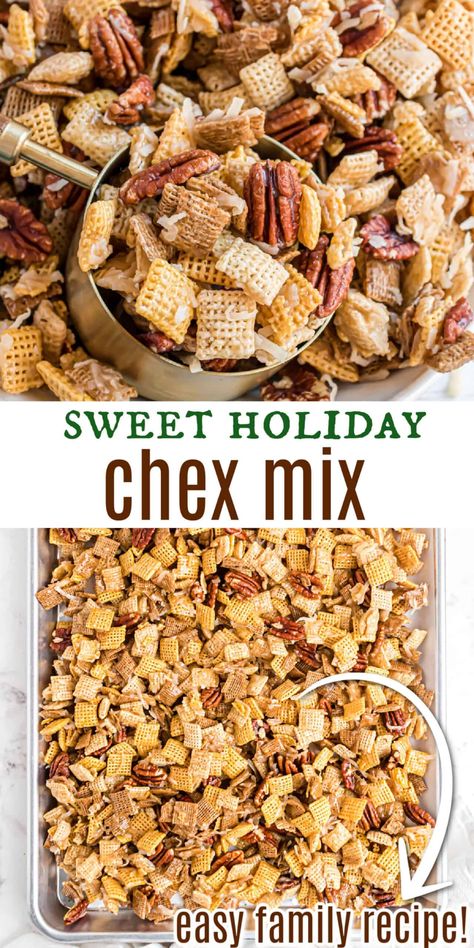 Sweet Holiday Chex Mix is the perfect homemade gift idea! Turn a few simple ingredients into a tasty snack mix with this easy recipe. Sweet Chex Mix Recipes Christmas, Chex Snacks, Christmas Chex Mix, Popcorn Flavours, Xmas Snacks, Sweet Appetizers, Chex Mix Recipes Sweet, Sweet Chex Mix, Sweet Chex