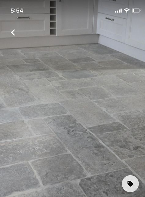 Gray Limestone Flooring, Orangery Flooring Ideas, Tiled Laundry Room Floor, Stone Floor Laundry Room, Stone Tile Bathroom Floor, Rustic Contemporary Living Room, Grey Slate Tile, Flooring Remodel, Stone Tile Bathroom