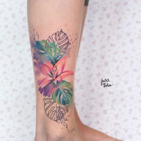 Colorful Watercolor Tattoos & Abstract Art - Jules Boho Tattoos Abstract, Tropical Tattoo, Sketchy Tattoo, L Tattoo, Boho Tattoos, Palm Tattoos, Leo Tattoos, Watercolor Tattoos, The Palms