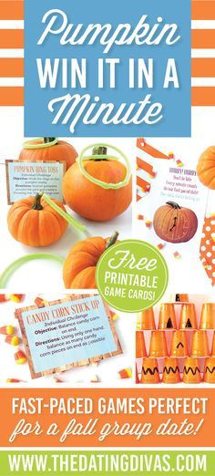 Fun and easy to prep win it in a minute games for fall parties! www.TheDatingDivas.com Room Mom Fall Party Ideas, Halloween Games For Families, Fall Themed Minute To Win It Games, Fall Harvest Classroom Party Ideas, Classroom Harvest Party Ideas, Fall Crafts For Family Night, Class Party Halloween Games, Pumpkin Ring Toss Game, Candy Corn Minute To Win It