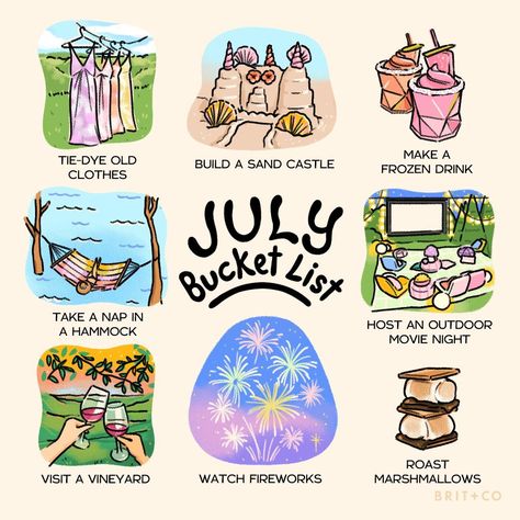 July Bucket List, July Vibes, July Movies, Watch Fireworks, Roast Marshmallows, Outdoor Movie Night, Summer Traditions, Frozen Drink, Summer To Do List