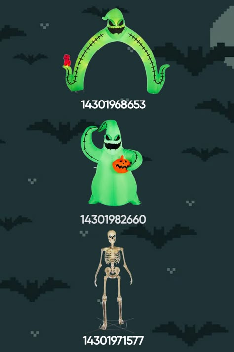 my decals ♥ halloween decoration decal codes ♥ oogie boogie archway and inflatable + the famous home depot skeleton ♥ works in any game that uses codes Roblox Bloxburg Halloween Decals, Halloween Rug Decal Bloxburg, Bloxburg House Ideas Halloween Layout, Bloxburg Horror Movie Decals, Club Roblox Image Id Codes Halloween, Bloxburg Blanket Code, Halloween Bloxburg Builds, Halloween Roblox Decals, Bloxburg Cottagecore Decals