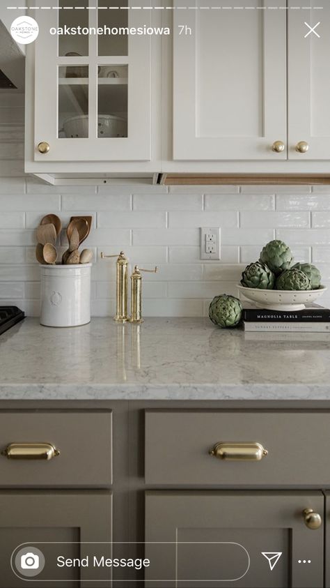 Dark Cabinets Green Walls, Lighter Upper Cabinets Darker Lower Cabinets, Mix Old And New Kitchen Cabinets, East Light Dinner, Mismatch Island And Cabinets, Cabenit Organization Kitchen, White Cabinet And Dark Countertop, Black And Ivory Kitchen Cabinets, Taupe Cabinets Gold Hardware