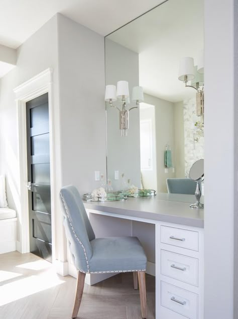 Makeup Areas In Bathroom, Built In Dressing Table Ideas Bedroom, Built In Makeup Table, Walk In Robe With Vanity, Small Built In Vanity In Bedroom, Master Closet Vanity Ideas, Alcove Dressing Table Ideas, Diy Built In Vanity In Bedroom, Wardrobe Vanity Built In