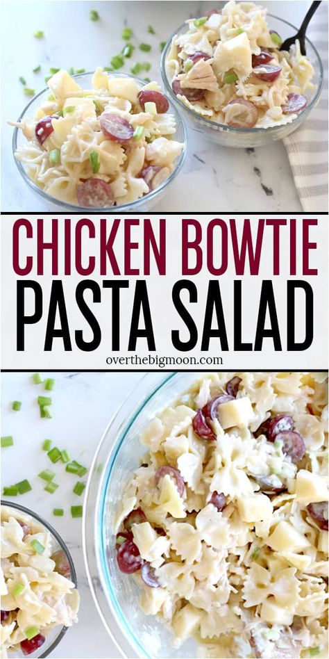 Chicken Bow Tie Pasta Salad is the perfect pasta salad for BBQs or potlucks! Bow tie noodles, chicken, green onions, grapes, apples, sliced almonds, and coleslaw dressing! From overthebigmoon.com! #summersalads #pastasalad #bowtiepastasalad #bbqsalad #potlucksalads Bowtie Pasta Salad With Grapes, Pasta Salad With Coleslaw Dressing, Bow Tie Cucumber Pasta Salad, Bow Tie Chicken Pasta Salad, Chicken Grape Pasta Salad, Easy Bow Tie Pasta Salad Recipes, Now Tie Pasta Salad Recipes, Chicken Bowtie Pasta Salad, Bow Tie Pasta Salad Recipes Cold