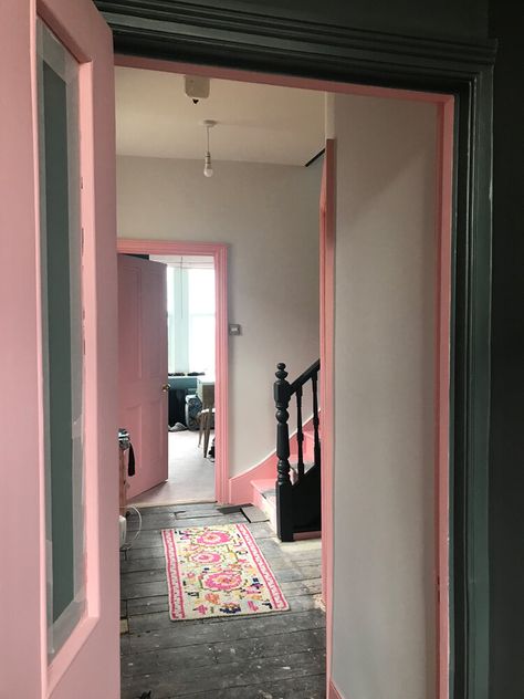 Pink House Helps...in the hallway (and on the stairs)  — The Pink House Pink Door Interior, Pink Bannister, Pink Skirting Boards, White Walls Pink Trim, Pink Trim White Walls, Pink Doors Interior, Pink Hallway Ideas, Fun Hallway, Colourful Hallway