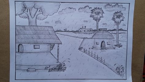 #pencildrawing #easydrawing #village. Rainy Season Drawing Scenery, Rainy Season Drawing, Village Scenery Drawing, Raining Art, Village Scenery, Drawing Scenery, Scenery Drawing, Rain Art, Pencil Sketches