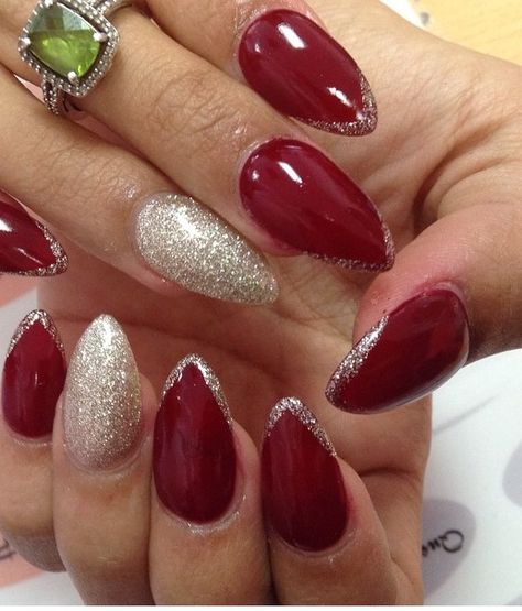 Hoco Nails Red Dress, Christmas Nails 2023 Red And Gold, Nails Red And Silver, Red And Silver Glitter Nails, Burgundy And Silver Nail Designs, Wine Red And Silver Nails, Red And Silver Nail Designs For Prom, Red And Silver Christmas Nails, Red New Years Nails