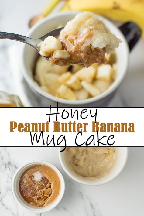 An easy and quick dessert for one - a fluffy banana cake with a honey sweetened gooey peanut butter center! #mugcake #microwave #microwavedessert #cake Peanut Butter Banana Mug Cake, Banana Mug Cake Microwave, Pb Recipes, Cinnamon Mug Cake, Honey Peanut Butter, Banana Mug Cake, Microwave Dessert, Peanut Butter Mug Cakes, Fast Dessert Recipes