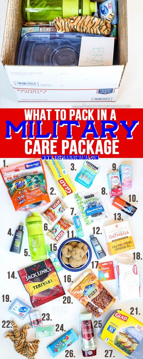 Over 30 ideas of things to pack in a military care package that will be useful, fun, or entertaining.  While our troops are working hard over seas to ensure our freedoms and receiving a care packag… Navy Deployment Packing List, Veteran Care Package Ideas, Marine Care Package Ideas, Navy Care Package Ideas Sailors, Army Care Package, Soldier Care Packages, The Pinning Mama, Deployment Care Package Ideas, Deployment Packages