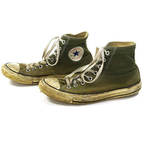 80s Converse High Top Sneakers in Olive Green Vintage 1980s Thrashed... (2.875 RUB) ❤ liked on Polyvore featuring shoes, sneakers, high top sneakers, rocker shoes, hippie shoes, converse shoes and vintage high top sneakers Green Retro High-top Sneakers, Vintage Green High-top Sneakers With Rubber Sole, 80s Converse, Aesthetic Green Converse, Green Converse High-top Sneakers, Green Converse Lace-up Canvas Shoes, 80s Sneakers, Olive Green Sneakers, Olive Green Shoes