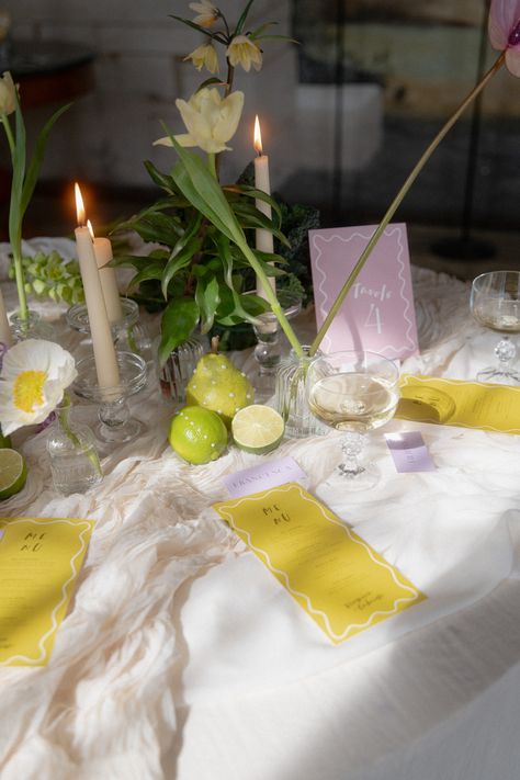 Spring In The Countryside Spring Wedding Signage, Black And Lilac Wedding, Glasses Table Setting, Lime Wedding, Lime Green Weddings, Shades Of Lilac, Yellow Napkins, 2025 Wedding, Lilac Wedding