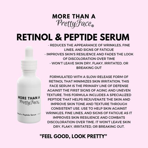 Frequently Asked Questions ----> MTAPF Skincare -✨️✨️ Retinol and Peptide Serum✨️✨️ - Reduces the appearance of wrinkles, fine lines, and signs of fatigue - Improves skin's resilience and fades the look of discoloration over time - Won’t leave skin dry, flaky, irritated, or breaking out Formulated with a slow-release form of Retinol that minimizes skin irritation, this face serum is the primary line of defense against the first signs of aging and uneven texture. This formula includes a sp... Peptide Serum, Vitamins For Skin, Beauty Expert, Skin Elasticity, Face Serum, Improve Skin, Irritated Skin, Retinol, Dark Spots