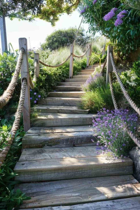 30 DIY Garden Stairs Designs for Easy Home Projects Stairs For Steep Slope, Stairs Outdoor Design, Garden Stairs On A Slope, Outdoor Garden Stairs, Garden Stairs Ideas, Shoreline Ideas, Outdoor Stone Steps, Easy Home Projects, Diy Stairs Outdoor