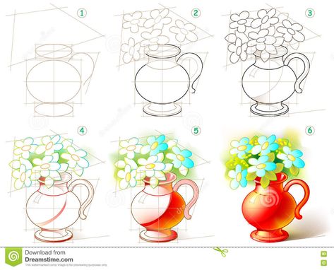 Page Shows How To Learn Step By Step To Paint A Beautiful Vase With Flowers. - Download From Over 62 Million High Quality Stock Photos, Images, Vectors. Sign up for FREE today. Image: 74350781 Flower Vase Drawing, Vase Drawing, How To Draw Flowers, Kid Drawing, Simple Flower Drawing, Children Drawing, Drawing Kids, Tree Drawings Pencil, Vase With Flowers