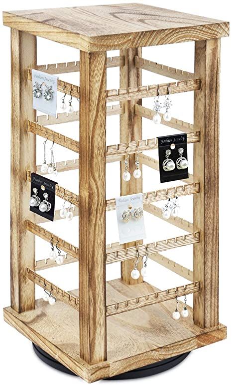 Ikee Design Natural Wood Rotating Jewelry Earring Storage Display, Wooden Hanging Accessories Tower, Holds up to 100 pairs of earrings, Small Oak Color, 7 3/8"W X 7 3/8"D X 15"H Natural Jewelry Display, Rotating Jewelry Display, Earring Rack, Wooden Jewelry Stand, House Closet, Walnut Wood Color, Display Tower, Keychain Display, Jewellery Exhibition