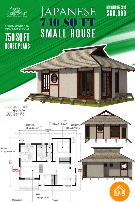 This Japanese style almost 750 sq. ft. house plan combines minimalistic modern design and traditional Japanese style just like another best-selling design - the Japanese Tea House. Japanese Tiny House Design, 800 Sq Ft House Plans, Japanese Style Tiny House, Japanese Tiny House, Small Japanese House, 800 Sq Ft House, Japanese Home Design, Little House Plans, Japanese Style House