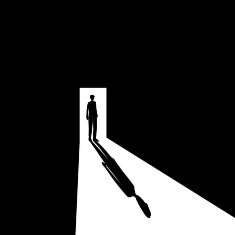 black and white paint a man stand in front of the door into the dark room represents Person Opening Door Reference, Guy Opening Door, Holding Door Open For Someone, Character Opening Door Drawing, Man Opening Door, Door Open Illustration, Dark Doors, Transformation Project, Door Open