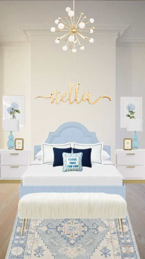 #lightblue #coastalgrandaughtter #coastal #coastalgrandma #preppy #blue #green #room #roominspo #bedroom #girly #roomdecor #decor #roomdecorations #dorm #dormroom #dormroomdecor #outfitinspo Master Bedrooms Preppy, Room Decor Bedroom Blue And White, Coastal Granddaughter Room Decor, Blue And Gold Room, Blue Green Room, Pink And Blue Dorm Room, Light Blue Room Aesthetic, Eloise Bedroom, Coastal Room Ideas