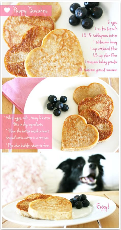 What pup wouldn't want a pupcake on a special day? Just eliminate the butter/honey. Add a little unsweetened applesauce or plain pumpkin instead. Pawbump! Doggie Pancakes, Dog Pancakes Recipes, Dog Friendly Pancakes, Puppy Pancakes, Valentine Dog Treats Homemade, Pancakes For Dogs, Dog Valentines Treats, Strawberry Dog Treats Recipes, Dog Pancakes