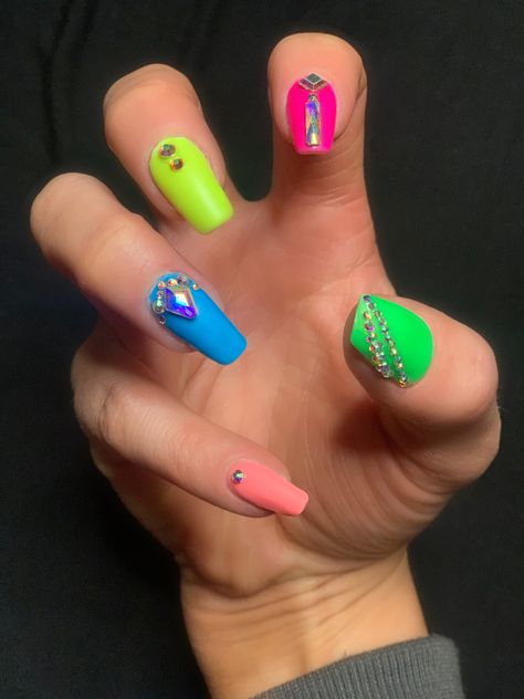 Neon Nails With Gems, Neon Nails With Rhinestones, Bright Neon Nails, Nails With Gems, Nails With Rhinestones, Gem Nails, Rainbow Nails, Neon Nails, Rhinestone Nails