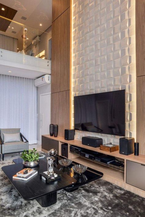 Tv Wall Design For High Ceiling, High Ceiling Living Room Modern, High Ceiling Living Room, Wall Decoration Ideas, Tv Room Design, Tv Wall Design, Apartment Aesthetic, Hall Design, Luxury Homes Interior