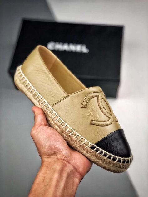 CHANEL ESPADRILLES Chanel Loafers, Espadrilles Flats, Tan Espadrilles, Chanel Espadrilles, Shoe Wall, Chanel Espadrille, Leather Shoes Woman, Flat Espadrilles, Shoes Casual