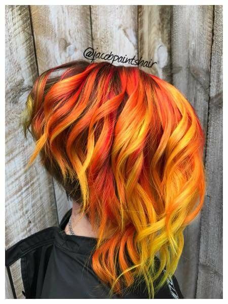 Fire hair. Orange hair. Yellow hair. Red hair. Fire Ombre. Fire. Short hair. Medium hair. Undercut Ideas, Orange Ombre Hair, Wavy Hair With Braid, Flame Hair, Vivid Hair, Sunset Hair, Hair Yellow, Hair Orange, Purple Ombre Hair