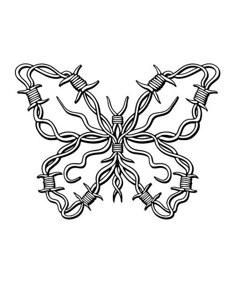 Butterfly Barbed Wire Symbol design. Bar Wire Tattoo, Spooky Butterfly Tattoo, Barb Wire Butterfly Tattoo, Barbwire Drawings, Barbed Wire Butterfly Tattoo, Rose And Butterfly Tattoos, Barbed Wire Tattoo Design, Barbed Wire Butterfly, Barbed Wire Drawing