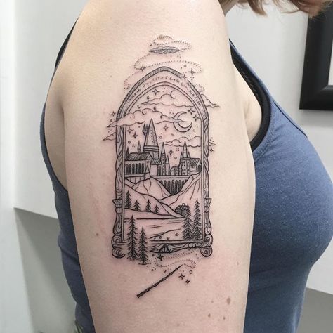 Mirror of Erised showing Hogwarts, with elder wand and feather ✨ thanks Ruby! #harrypotter #harryypottertattoo #mirroroferised… Castles Tattoo, Harry Potter Tattoo Sleeve, Hogwarts Tattoo, Ireland Tattoo, Mirror Of Erised, Science Tattoos, Hp Tattoo, Castle Tattoo, Literary Tattoos