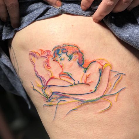 My version of In Bed, The Kiss 1892 by Henri de Toulouse - Lautrec. Swipe to see some more tats from Portland and the original of this… In Bed The Kiss, Us Tattoo, Bright Tattoos, Leo Tattoos, Handpoke Tattoo, Toulouse Lautrec, Elegant Tattoos, The Kiss, Creative Tattoos