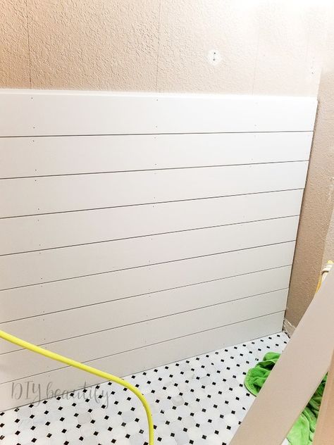 Save time with this easy DIY shiplap tutorial! Step by step instructions at DIY beautify! #lowes #primelinxshadowgap #shiplap Cheap Shiplap, Shiplap Tutorial, Paneling Sheets, Bathroom Shiplap, Stained Shiplap, Bar Remodel, Basement Remodeling Diy, Shiplap Paneling, Toilet Ideas