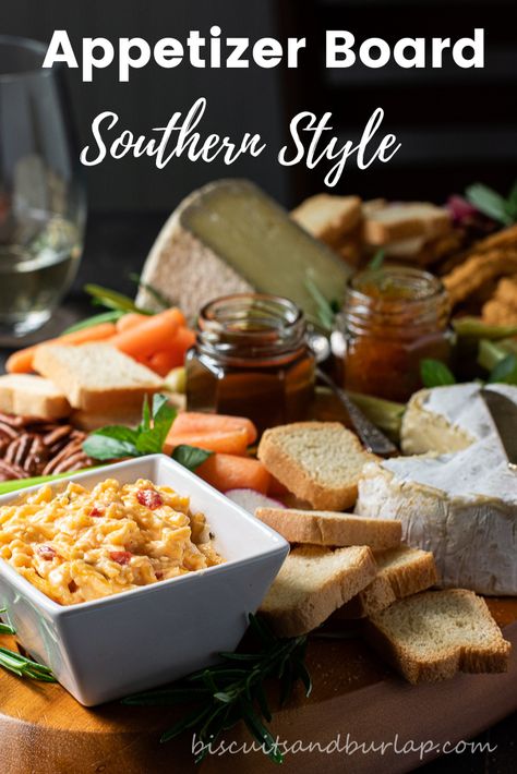 How to easily create an Appetizer Board with Southern Favorites. #cheeseboard #charcuterie #appetizers Charcuterie Board With Pimento Cheese, Pimento Cheese Charcuterie Board, Pimento Cheese Board, Southern Style Charcuterie Board, Southern Snacks Appetizers, Appetizer Boards Ideas, Cajun Charcuterie Board, Southern Charcuterie Board, Seacuterie Board Ideas