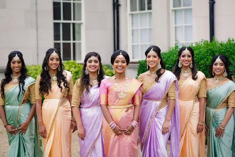 Jodi Bridal Show on Instagram: “Pastel Bridesmaids 😍 Photography: @momentsbykajan Bride: @madebydiwani MUA: @shalomimakeupandhair Saree: @casipillaidesignercollection…” Tamil Bridesmaid Hairstyle, Tamil Wedding Guest Outfit, Tamil Wedding Bridesmaid, Hindu Wedding Bridesmaids, Tamil Bridesmaid, Tamil Wedding Saree, South Indian Bridesmaids, Bridesmaids Invitation, Pastel Sarees