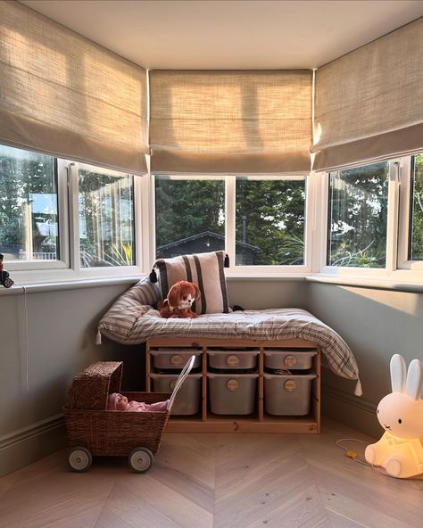 Ad | Still loving the lovely Paleo Linen Vintage Cream Roman blinds on our bay window from @blinds2go I have linked them in my highlights again for you! I love the warm light they let through 😍 I went with the thermal lining as it does get chilly in here during the winter. I hope you’re all having a lovely Monday, how nice was it to have a bit of sun at the weekend? #baywindow #romanblinds #playroom #linenblinds #linen #playroomdecor #playroominspo #playroomideas #playroomstyling #thet... Roman Blind Bay Window, Bay Window Roman Blinds, Roman Blinds Bay Window, Cream Roman Blinds, Bay Window Blinds, Creative Room, Bedroom Window, Bedroom Windows, Playroom Decor