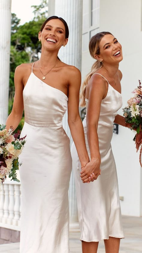 Champagne One Shoulder Bridesmaid Dresses, One Shoulder Champagne Dress, White Sateen Dress, Champagne Dresses Bridesmaid, Wedding Guest Dress Australia, Midi Bridesmaid Dress Weddings, Bridesmaid Dresses 2023 Trends, December Bride, Bridesmaid Dresses Midi