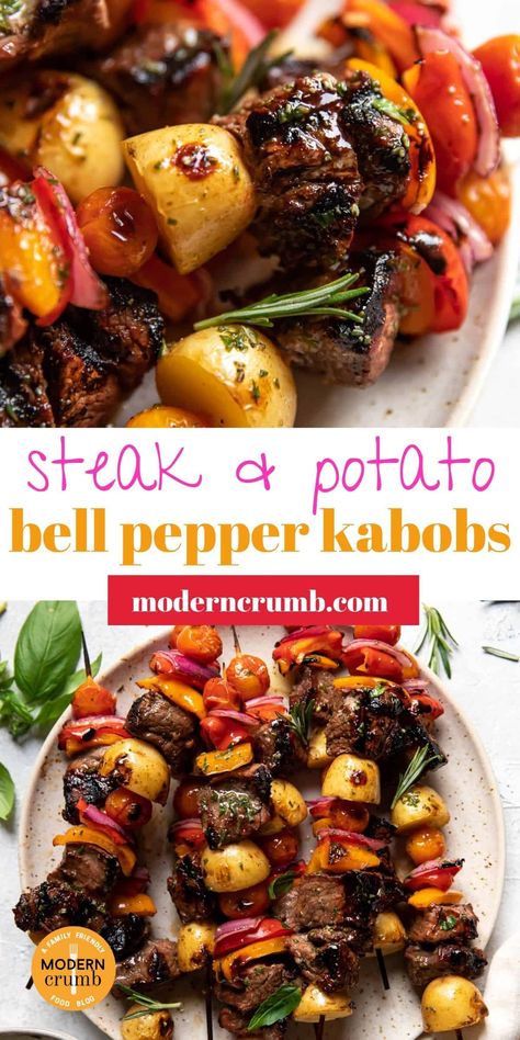 Potato Kabobs, Grilled Steak Kabobs, Shishkabobs Recipe, Grilled Kabob Recipes, Herb Oil, Grilling Kabobs, Steak Kabobs, Steak Potatoes, Kabob Skewers