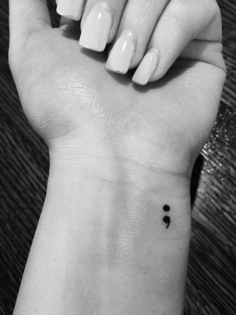 Semicolon project wrist tattoo Colin Tattoo Semi, Semicolon Tattoo On Wrist, Semi Colon Tattoo Wrist, Semi Collen Tattoo, Ellipsis Tattoo, Semi Colon Tattoos For Women, Semicolon Wrist Tattoo, 3rd Eye Tattoo, Tattoo Circle