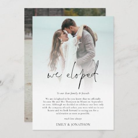 $2.65 | We Eloped 2 Photo Script Wedding Announcement card - wedding, script, minimalist, 2 photos, we eloped, elopement, modern, elegant, handwriting style, handwritten style Eloped Announcement, Elegant Handwriting, We Eloped, Wedding Announcement Cards, Elopement Reception, Wedding Script, Elopement Announcement, Wedding After Party, Handwriting Styles