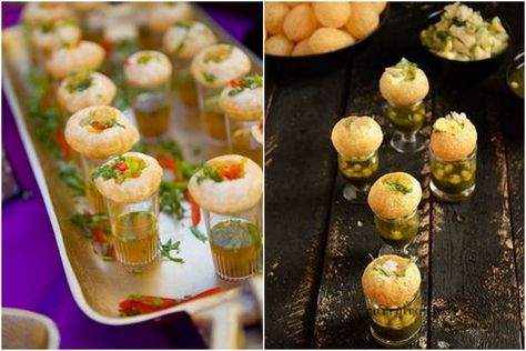 12 Ultra New Ways To Pimp Up Your Chaat Stand! Reception Appetizers, Easy Indian Appetizers, Indian Wedding Food, Cocktail Hour Food, Indian Appetizers, Pani Puri, Reception Food, Delicious Appetizer Recipes, Indian Street