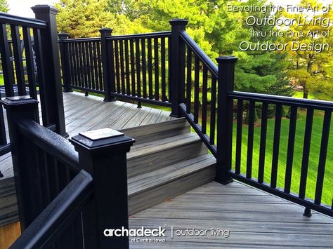 Black Trex Transcend Railing on Trex Transcend Island Mist Decking - West Des Moines Trex Transcend Railing, Railing Outdoor, Black Railing, Trex Transcend, Living Pool, Deck Colors, Railing Ideas, Patio Deck Designs, Deck Paint