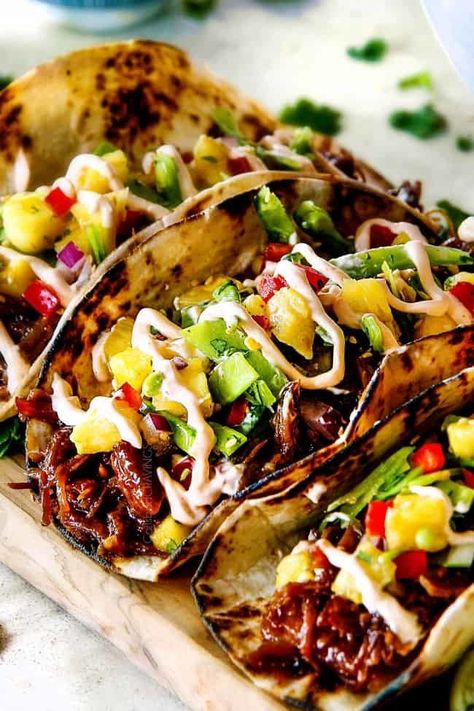 Slow Cooker Asian Pulled Pork Tacos Asian Pulled Pork Tacos, Pork Tacos With Pineapple, Asian Pulled Pork, Pulled Pork Tacos Recipe, Pork Taco, Tacos With Pineapple, Pastor Tacos, Slow Cooker Asian, Snow Pea