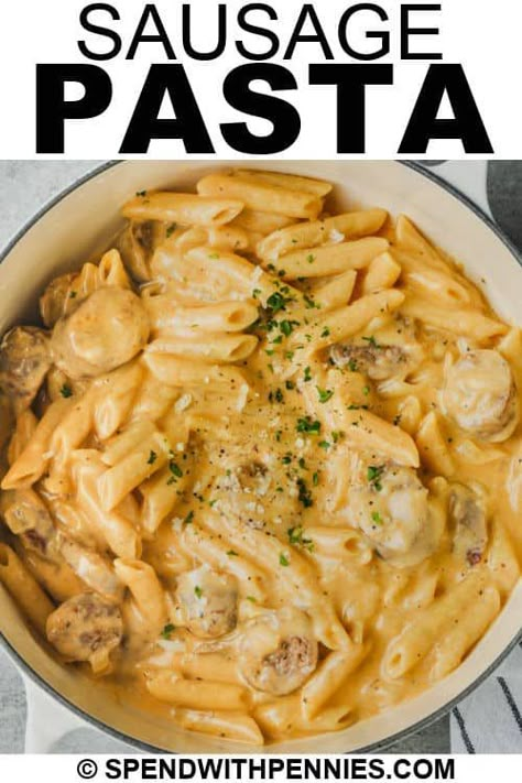 This sausage pasta recipe is so cheesy, creamy, and comforting. Add some vegetables like broccoli, mushrooms, or tomatoes for added color and flavor! #spendwithpennies #sausagepasta #maindish #recipe #pasta #italian #creamy #spicy #bake #sauce #cheesy White Sauce Pasta With Sausage, Cheesy Pasta With Sausage, Sausage And Cheese Pasta, Eckrich Sausage Recipes Pasta, Marry Me Sausage Pasta, Sausage Pasta Recipes Easy, Ground Italian Sausage Recipes, Sausage Dinners, Sausage Meals