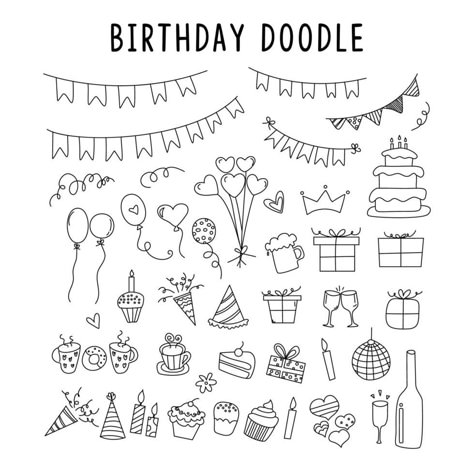 conjunto de elementos doodle decoraciones para cumpleaños. vector conjunto de elementos para cumpleaños y garabatos de fiesta. conjunto de colección de fiesta de cumpleaños con arte de doodle o estilo de dibujo a mano Birthday Doodles, Happy Birthday Doodles, Calendar Doodles, Banner Doodle, Bday Card Ideas, Happy Birthday Font, Happy Birthday Drawings, Birthday Doodle, Planner Doodles