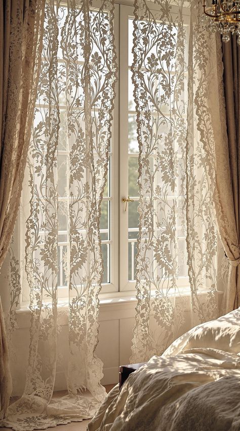 Boho Bedroom Curtain Ideas Boho Chic Bedroom Curtains, Closet Curtain Ideas Boho, French Provincial Curtains, Bohemian Window Decor, Coquette Room Curtains, Living Room Designs With Curtains, Layered Lace Curtains, Boho Curtain Ideas For Living Room, Boho Small Room Ideas